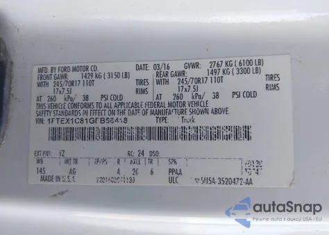 2016 Ford F-150 Xl z USA, uszkodzony, nr VIN 1FTEX1C81GFB56418